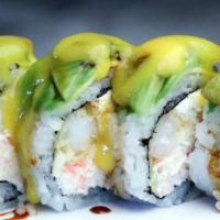 Avatar Roll · In: crabmeat, shrimp tempura, cucumber, cream cheese / out: avocado, sliced kiwi, eel and ma...
