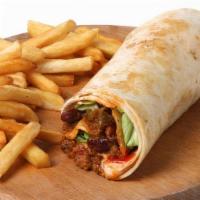Chicken Burrito · Burrito filled with shredded chicken in red sauce.