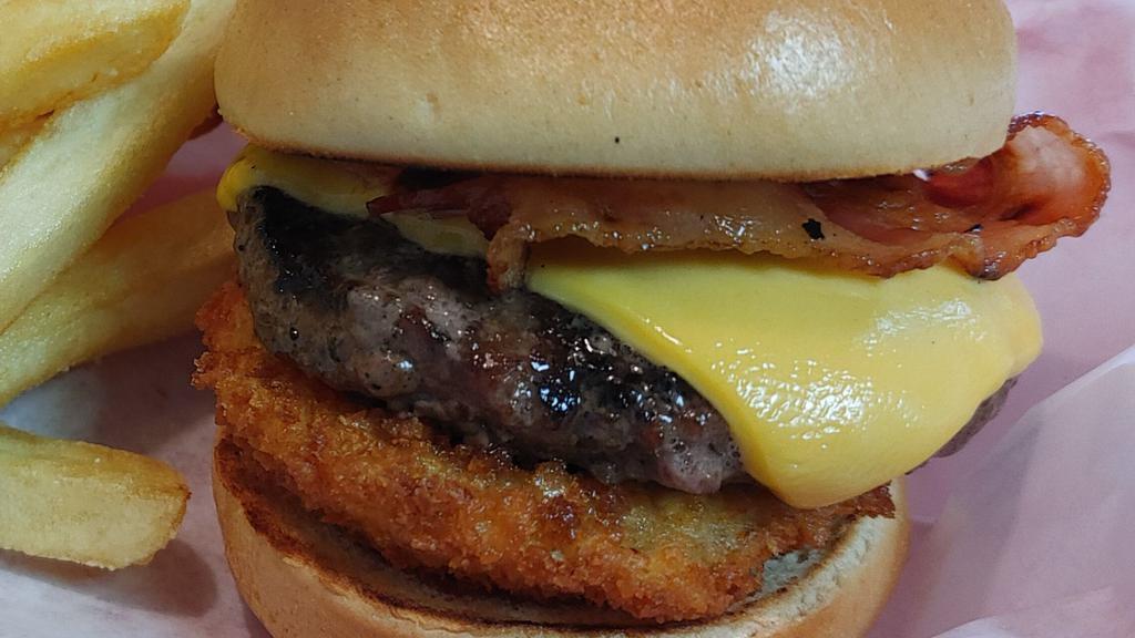 Western Bacon Cheese Slider · Mini burger with BBQ sauce, bacon, american cheese and onion ring served on a brioche bun