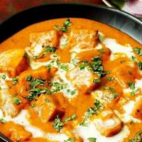 Paneer Butter Masala · Indian cottage cheese cubes cooked in a creamy tomato sauce. Llightly spices and sweetened.