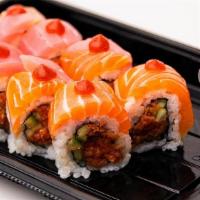 Tropicana Roll · Spicy tuna, cucumber, and topped with salmon, tuna, tataki sauce and sriracha dot