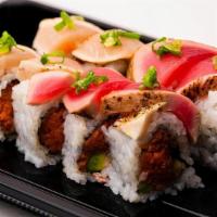 Tuna Lover Roll · Spicy tuna, avocado, cucumber inside, topped with seared tuna and seared albacore, scallion ...