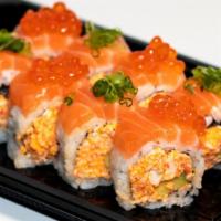 Salmon Lover Roll · Spicy crab, cucumber, topped with salmon, salmon roe, scallion and ponzu sauce