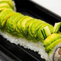 Caterpillar Roll · Baked fresh water eel, crab mix, and cucumber, topped with avocado and eel sauce