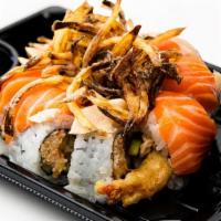 Cardinals Roll · Shrimp tempura, spicy crab, cucumber, topped with salmon, albacore, crispy onion, spicy aiol...