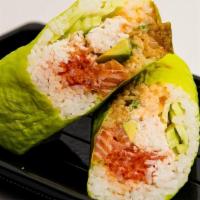 Sushi Burrito · Spicy tuna, crab mix, cucumber, avocado, shredded daikon, and salmon, wrapped in soy paper w...