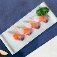 Hamachi Haven Nigiri · Slice of yellow tail gently pressed over tender cooked rice.