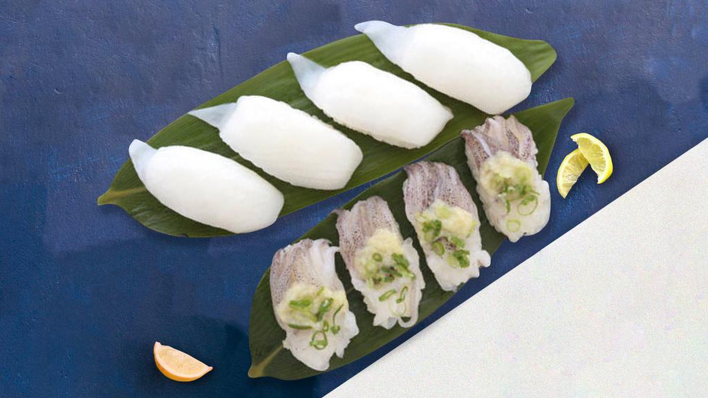Epic Ika Nigiri · Slices of squid gently pressed over tender cooked rice.