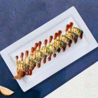 Salmon Asparagus Tempura Roll · Salmon and asparagus tempura roll.