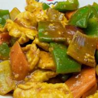 Curry Chicken · Diced tender chicken sautéed with onion, green pepper & Carrots in curry sauce.