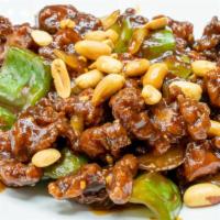 Kung Pao Beef · Deep-fried beef cooked with onion & roasted peanuts in Szechuan sauce.