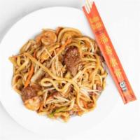 Combo Stir-Fried Udon · Chicken, beef and shrimp.