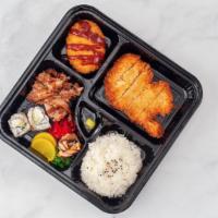 Bt-6. Katsu Bento (Pork) · Pork, California roll, vegetable croquettes, teriyaki.