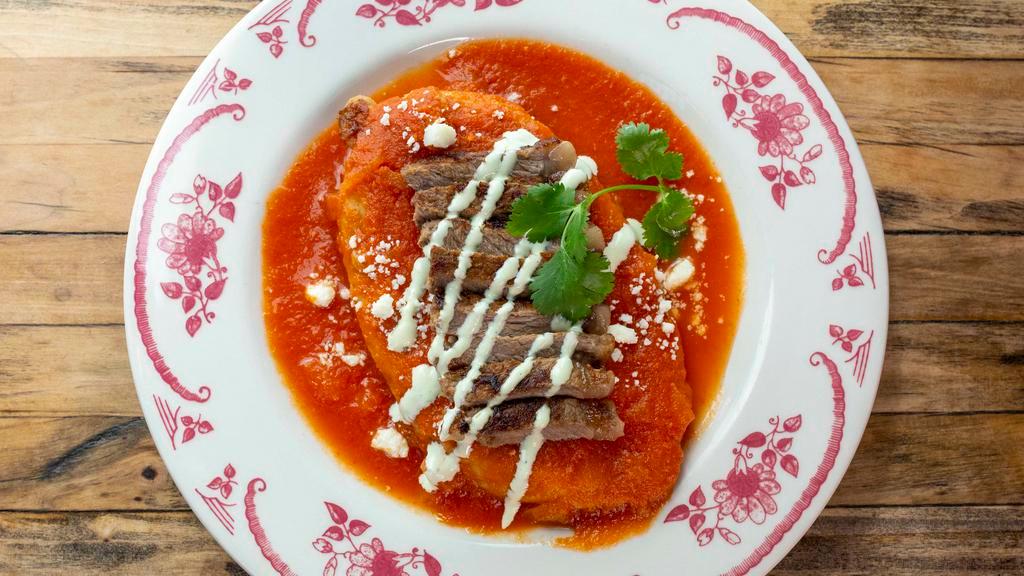 Chile Relleno Con Carne Asada · Battered Stuffed Poblano Pepper, Queso Fresco, Ranchera Salsa and Carne Asada.

Consumption of raw and undercooked meat, seafood, shellstock or eggs may increase your risk of food-bourne illness