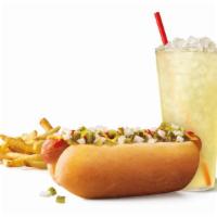 All American Or Chili Cheese Coney Combo · comes with fry, tot or onion rings and a medium drink