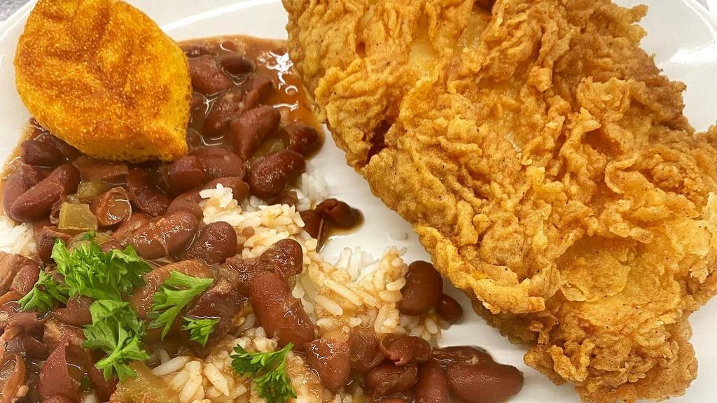Southern Fried Chicken Breast With Red Beans And Rice  · Boneless Skinless Chicken Breast brined in buttermilk, garlic, and fresh herbs for 72 hours, then battered and fried. Served with Red Beans and Rice.