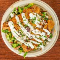 Chicken Kebab Plate · Two skewers of grilled chicken kebab over basmati rice, served with hummus, Greek salad and ...