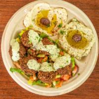 Mixed Vegetable Plate · Vegan. Falafels over salad, topped with tahini sauce. Served with hummus, Baba ghanouj, and ...