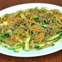 Jabchae · Sweet potato glass noodle stir fry with beef and vegetables.