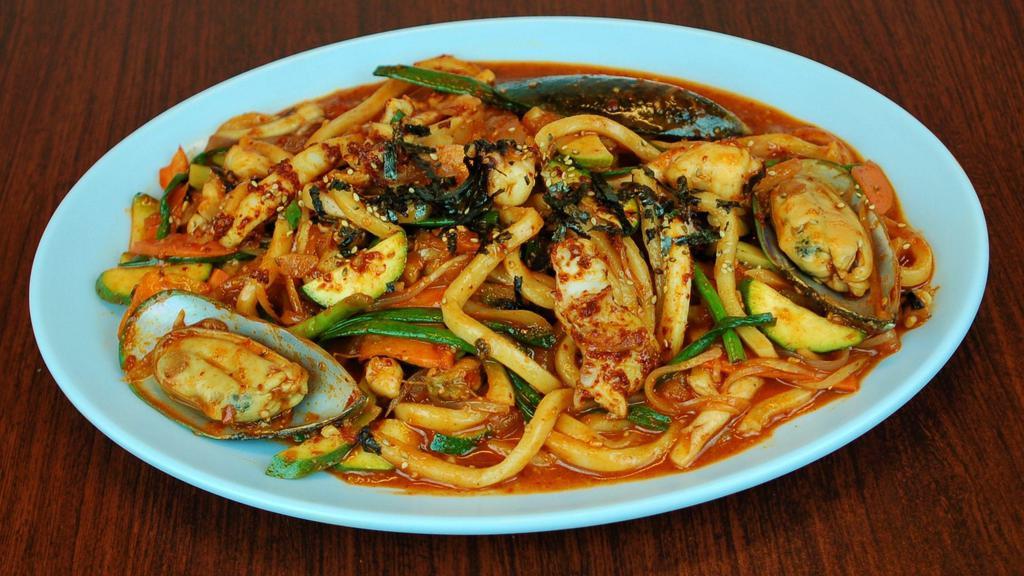 Haemul Bokkeum Udon · Spicy. No rice. Spicy mixed seafood udon noodle stir fry.