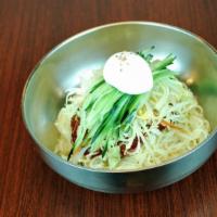Jjol-Myun · Spicy. No rice. Spicy cold wheat noodles with vegetables and an egg.