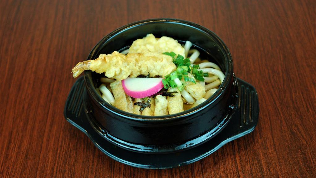 Tempura Udon · No rice. Udon noodle soup with shrimp, kamaboko and sweet potato tempura.
