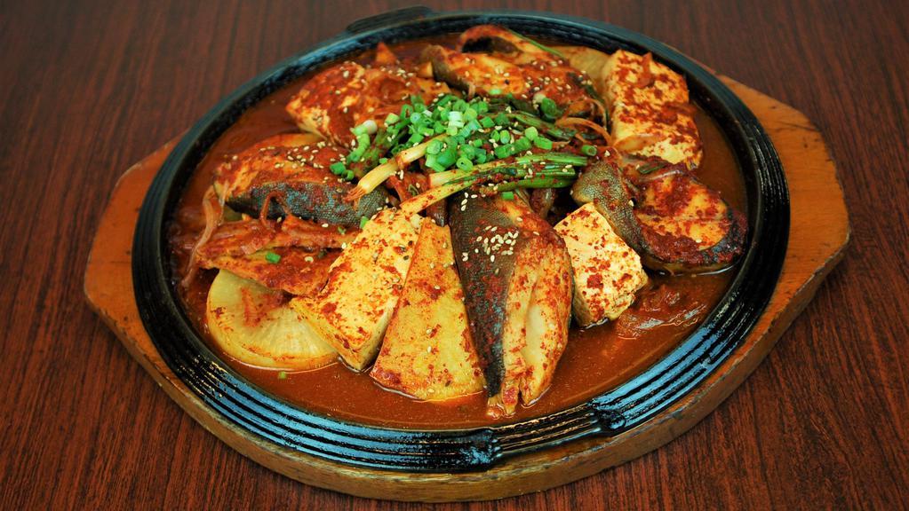 Eundaegu Jorim · Spicy. Black cod with vegetables, tofu and fish cakes braised in a spicy soy sauce-based marinade.