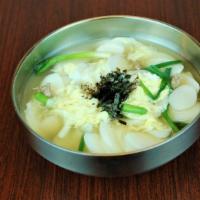 Dduk Guk · No rice. Sliced rice cake soup with beef, egg, and scallions.