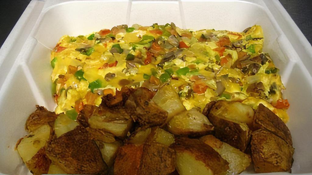 Seriously Spanish Omelette · Spicy. Jalapeños, bell peppers, tomatoes, onions, and Cheddar cheese.