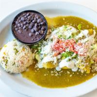 Enchiladas Verdes · With meat and our green tomatillo sauce. Melted pepper jack blend, topped with lettuce, toma...