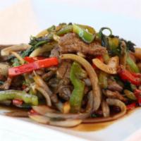 Thai Basil · A distinctive flavorful dish! Served with your choice of protein; stir fried with onion, bel...
