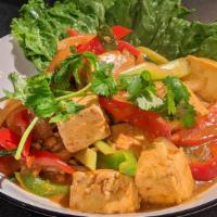 Stir-Fried Yellow Curry Tofu · Gluten-free, vegan. Chinese celery, bell pepper, white onion, green onion, coconut milk, yel...