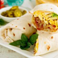 Bacon Breakfast Burrito · Crispy bacon, eggs, and cheese wrapped in a large warm flour tortilla.