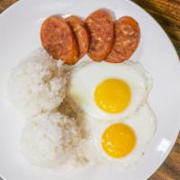 Portuguese Sausage & Eggs · Two scoops of rice, two eggs, and Portuguese sausage