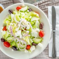 Italian Salad · Freshly chopped iceberg lettuce, grape tomato halves, Kalamata olives, julienne of green pep...