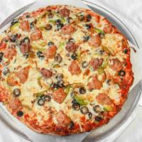 Gourmet Combination · Pepperoni, mushroom, onion, green pepper, black olive, sausage, ground beef, homemade pizza ...
