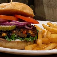 Black Bean Burger · House made veggie patty, mayo, leaf lettuce, tomato, red onion, pickles
