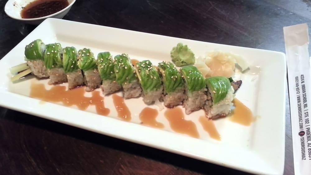 Caterpillar Roll  (Natural) · Baked Eel and Cucumber. Topped with Avocado, Sesame Seeds and Eel Sauce.