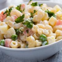 Macaroni Salad · Tender macaroni pasta tossed in a mildly spiced mayo mixture.