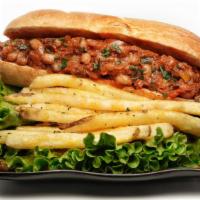 Ndambe Sandwich · Spicy bean sandwich cooked in caramelized onions and tomatoes served with fries