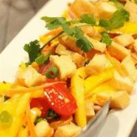 S-7. Mango Salad · Cut fresh mango, shredded carrots, cherry tomatoes, red onions and cashews tossed in fresh l...