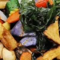 Phad Phet Makhua · Eggplants, fried tofu, carrots, onons, celery, mushrooms, zucchini, bell peppers, cooked win...