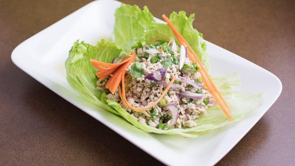 Larb · Your choice of ground beef, pork, or chicken with shallots, green onions, cilantro, ground roasted rice, and lime juice.