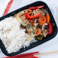 Pad Basil · Your choice of chicken, pork, tofu or beef grounded then stir-fried with bell peppers, onion...