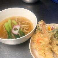Tempura Udon · Plain udon soup noodle with sie of shrimp and vegetable tempura.