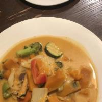Pumpkin Curry (Gluten-Free) · Gluten free. Traditional Thai countryside style of cooking sweet Asian pumpkin (Kabocha) wit...