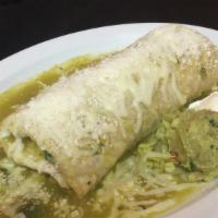 Macho Burrito · Rice, beans, onions, cilantro, and your choice of meat. Topped with white cheese, green sauc...
