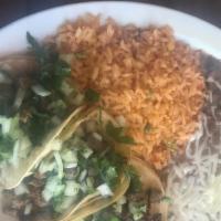 3 Tacos Plate · 3 tacos with your choice of meat, onions, cilantro, rice, and beans.
