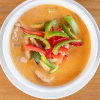 Panang Curry · Panang curry in coconut milk with kaffir lime leaf and bell peppers.