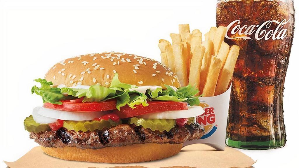 Whopper Combo · Our WHOPPER® Sandwich is a ¼ lb* of savory flame-grilled beef topped with juicy tomatoes, fresh lettuce, creamy mayonnaise, ketchup, crunchy pickles, and sliced white onions on a soft sesame seed bun.  Small Drink and Small Side included.